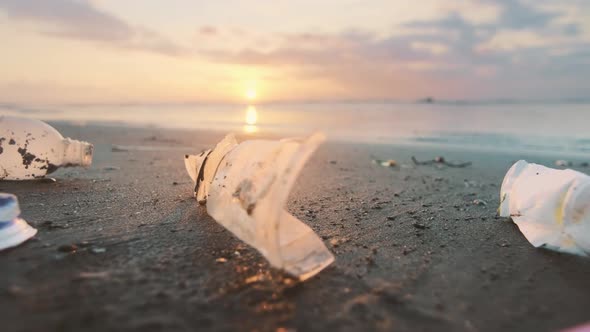 Plastic Debris on Ocean in Sunset As Something Beautiful Environmental Disasters