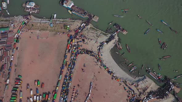 Aerial view of people waiting for ferry, Dhaka, Bangladesh,.