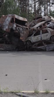 Vertical Video of Wartorn Cars in Ukraine