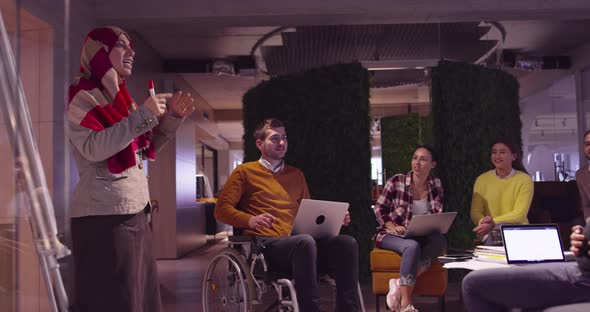 Muslim Woman in a Modern Open Space Coworking Office Giving a Presentation to Team