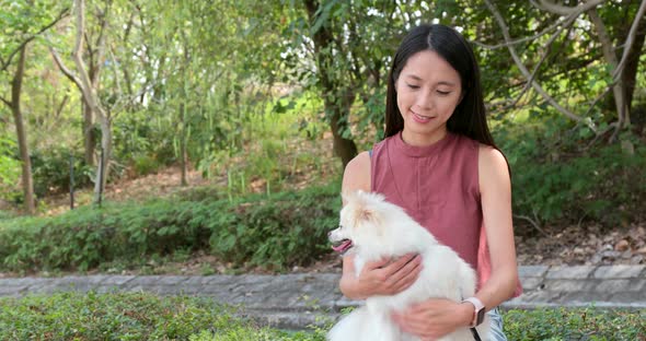 Pomeranian dog with pet owner at outdoor