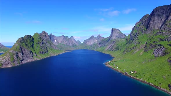 Aerial footage of picturesque fjord on Lofoten islands, Norway