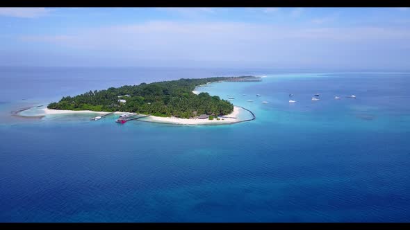 Aerial flying over travel of relaxing bay beach holiday by blue water and white sand background of a