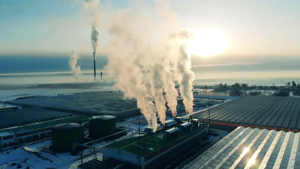 Modern Fatory in Industrial Area. Power Plant Emissions Into Air. Smoke Stack, Pollution Concept