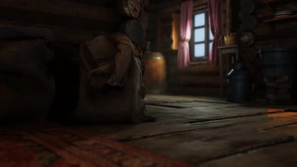 Dark Interior of Retro Log House alt