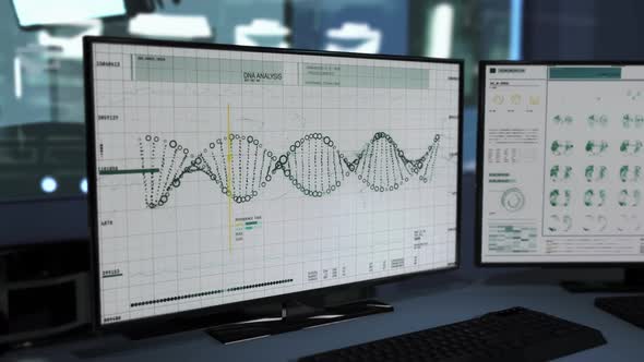 The structural analysis of the DNA strand on the main screen. Medical Research.