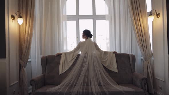 Bride in Boudoir Dress Near Window Wedding Morning Preparations Woman in Night Gown and Veil