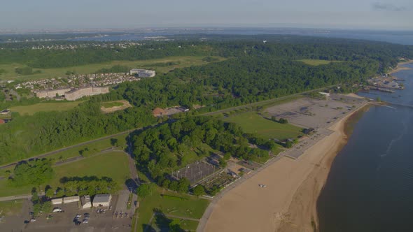 Backwards Aerial Pan of Bar Beach in North Hempstead Park in Port Washington
