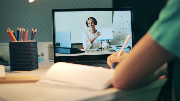 Close Up Shot of a Little Student Taking Part in an Online Lesson. Distance Education, Online