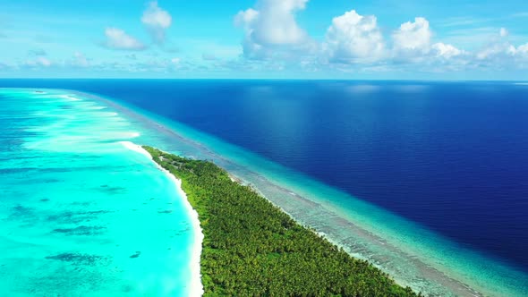 Aerial drone view tourism of exotic lagoon beach break by blue lagoon with clean sand background of 