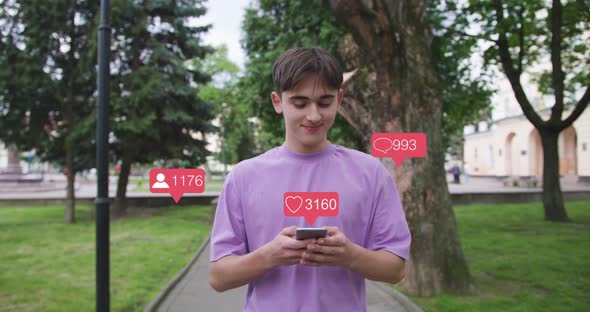 Smiling Young Man Use Phone Feel Happy Tram Vlogger Influencer Animation With User Interface - Likes