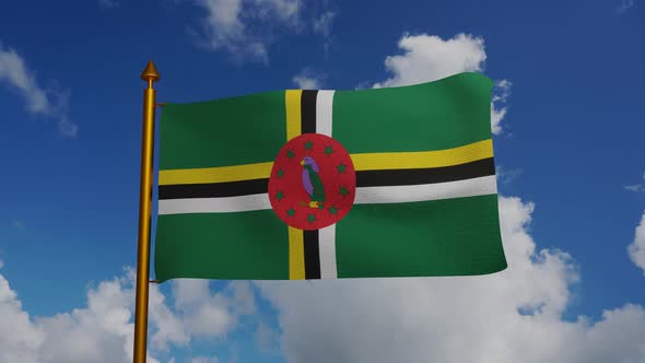 National flag of Dominica waving with flagpole and blue sky timelapse
