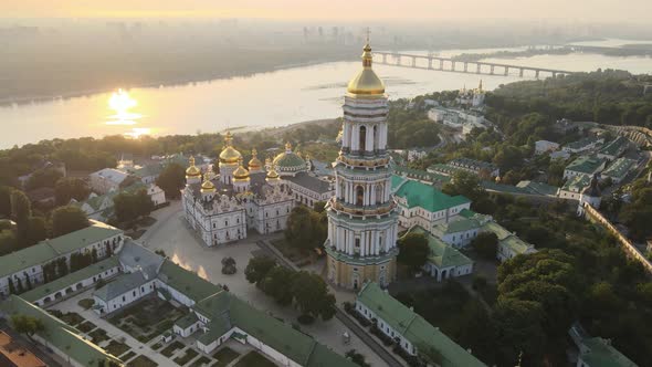 Kyiv-Pechersk Lavra in the Morning at Sunrise. Ukraine. Aerial View