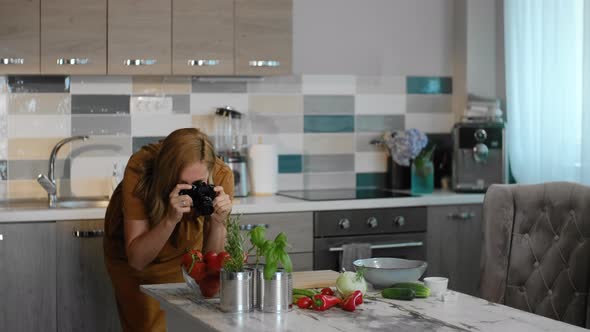 Woman Food Photographer Take Picture of Food Vegetables Salad Ingredients for Recipe Rbbro