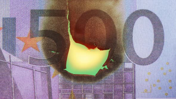 Burning of 500 Euro Banknote on Chroma Key Bacground Closeup