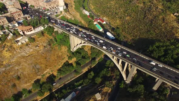 Kievyan bridge in Yarevan, Armenia. Aerial footage traffic on bridge.