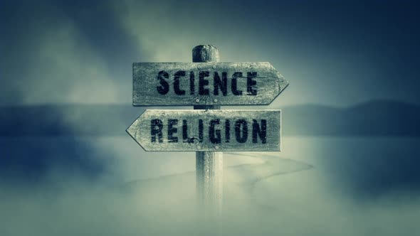 Old Wooden Sign On A Middle Of A Cross Road With The Words Science Or Religion