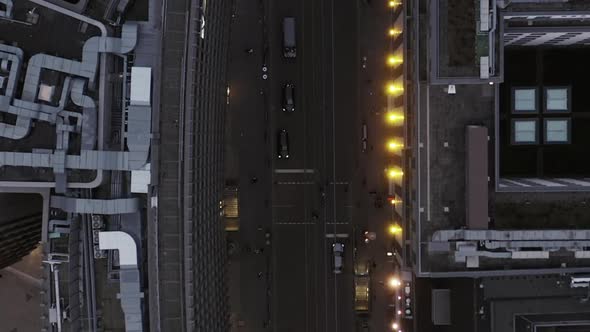 AERIAL: Beautiful Overhead View of Downtown Berlin Mitte, Germany Office Building and City Lights 