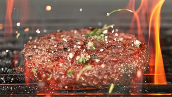 Super Slow Motion Shot of Seasoning Falling on Fresh Grilled Minced Meat at 1000 Fps