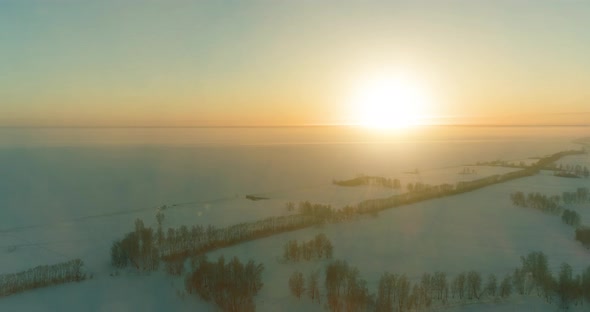 Aerial Drone View of Cold Winter Landscape with Arctic Field, Trees Covered with Frost Snow and