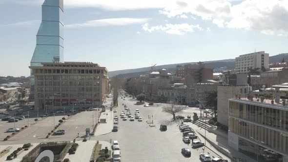 Tbilisi, Georgia - March 3, 2021: Flying over Shota Rustaveli Avenue