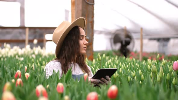 A Female Florist in a Hat Takes Inventory Uses a Tablet to Count Flowers
