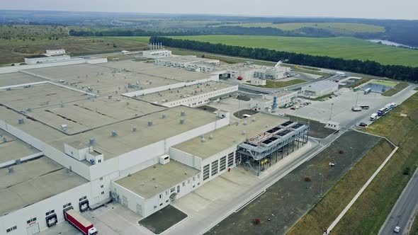 Industrial Factory Building. Aerial view of modern industrial exterior in countryside