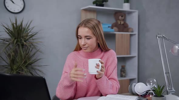 Smiling Positive Girl in Stylish Pink Sweater which Looking at Computer Screen