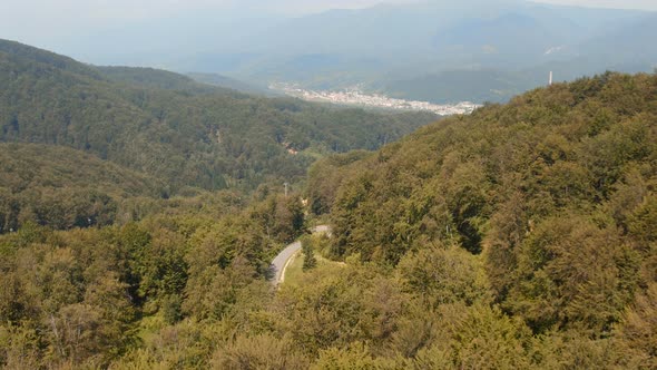 Aerial shot of a forest in Transylvania