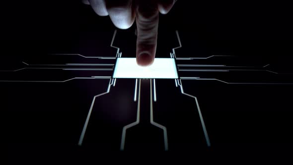 Human finger is pressing a digital button on a glowing touchscreen.
