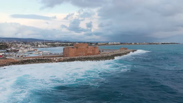 Aerial Drone View of Pathos Castle on Mediterranean Seashore in Cyprus Island