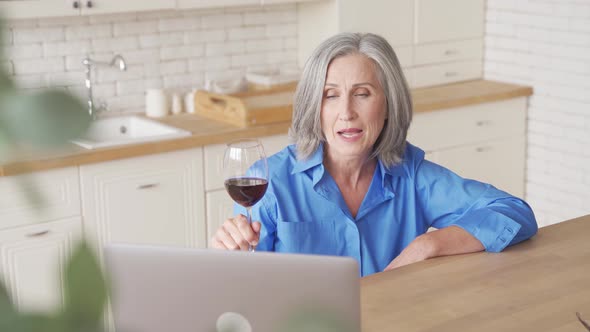 Smiling Older Woman Drinking Wine Video Calling on Computer at Home