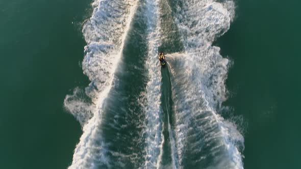 Aerial view of man doing water skiing in the mediterranean sea, Beirut, Lebanon.