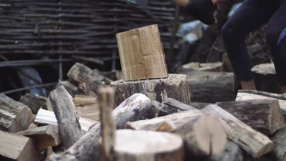 Man Cuts Tree Outdoors in Slow Motion. Mans Hands Work with an Ax. Lumberjack Man Chopping Tree