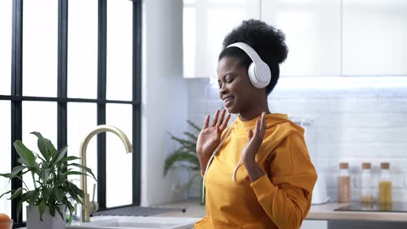 African American Black Handsome Woman Dancing with Headphones Enjoy Life Listening Favourite Music