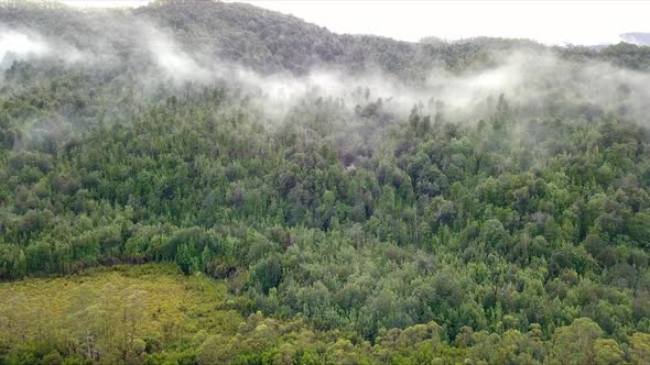 Aerial flight over foggy mountains and green forest in Tasmania in Australia, full shot dolly to the