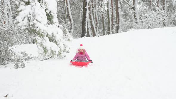 Child sledding in a beautiful winter park