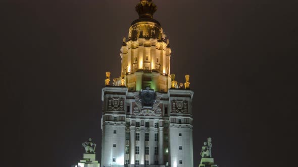 Tower of The Main Building Of Moscow State University On Sparrow Hills At Winter Timelapse