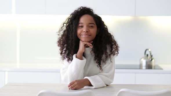 Portrait Beautiful African American Black Girl at Modern Home Smiling Young Woman with Curly Hair