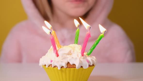 Happy Child Girl in Pink Overalls Blows Out Five Candles on Birthday Cake at Party