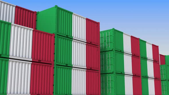 Container Terminal Full of Containers with Flag of Italy