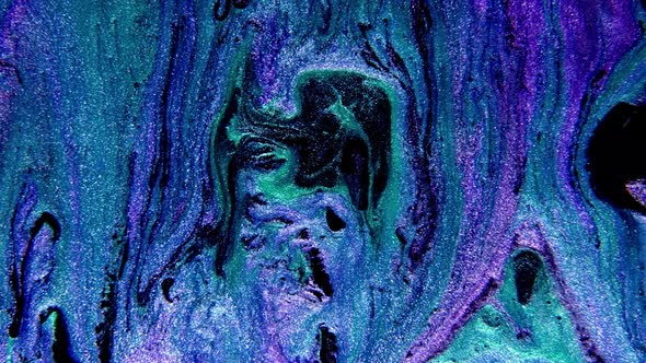 Abstract Paint Mixing Neon Blue Green and Violet Purple Colors Ink