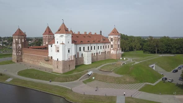 Amazing Drone Shot From Above the Famous Mir Castle in the Village of Mir, Belarus. The Ancient