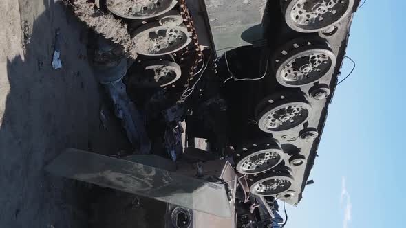 Vertical Video of a Destroyed Military Hardware in Bucha Ukraine