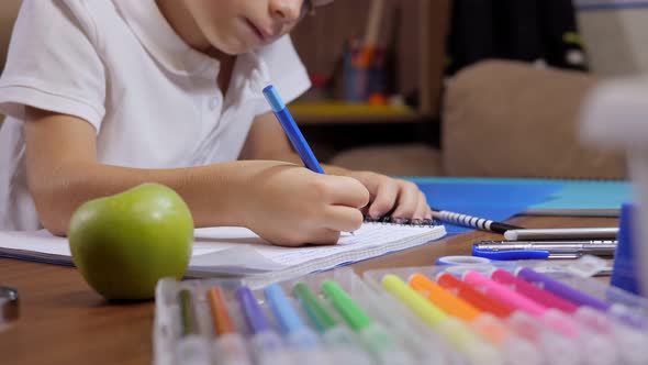 Closeup of a Small Schoolboy Writing in a Notebook Sitting at the Table at Home