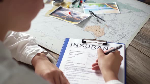 Travel Insurance Air Flights, Saving One's Life, A Tourist Signs A Form Paper Life Insurance For Air