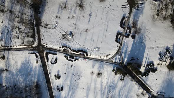 Flight Over The Winter Park. The Camera Is Directed Downward.