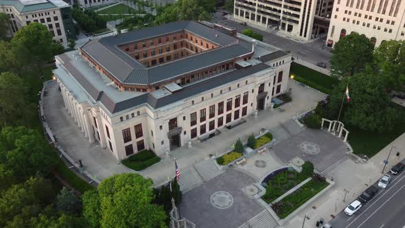 Columbus Ohio city hall at dusk, aerial drone.