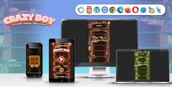 Crazy Boy Escape From The Cave Game (Construct 3 | C3P | HTML5) Endless Jumping Game