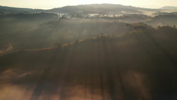 4K Aerial view of Mountains landscape with morning fog.